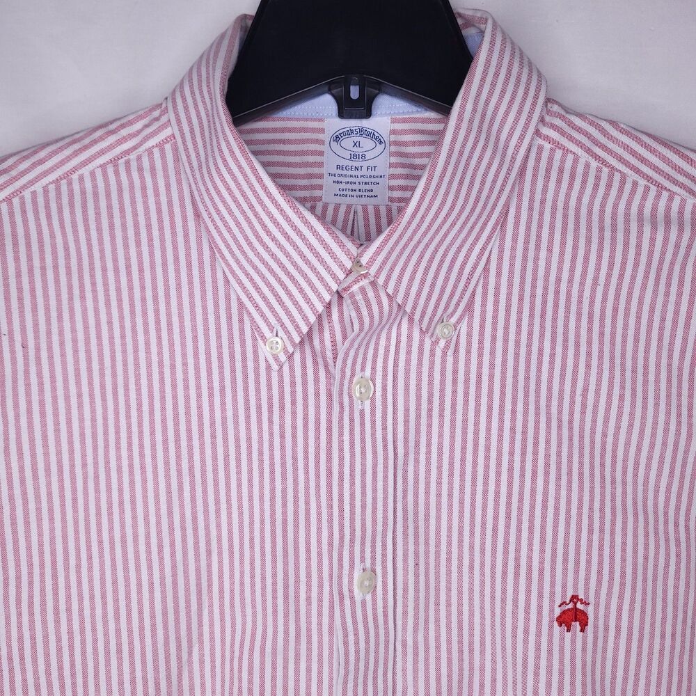 Brooks Brothers Shirt Mens XL Striped Red, White Regent Fit Non Iron Stretch